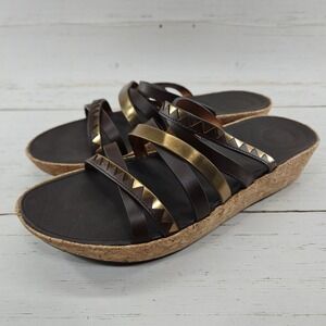 FitFlop Linny Thong Sandal Women 7 Brown Gold Leather Cork Wedge Strappy K44-558